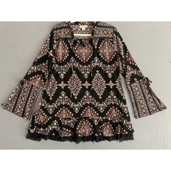 Style & Co. Tops - Style & Co Women M Bell Sleeve Tunic Top Fairy Grunge Black Lace Brown Boho Folk